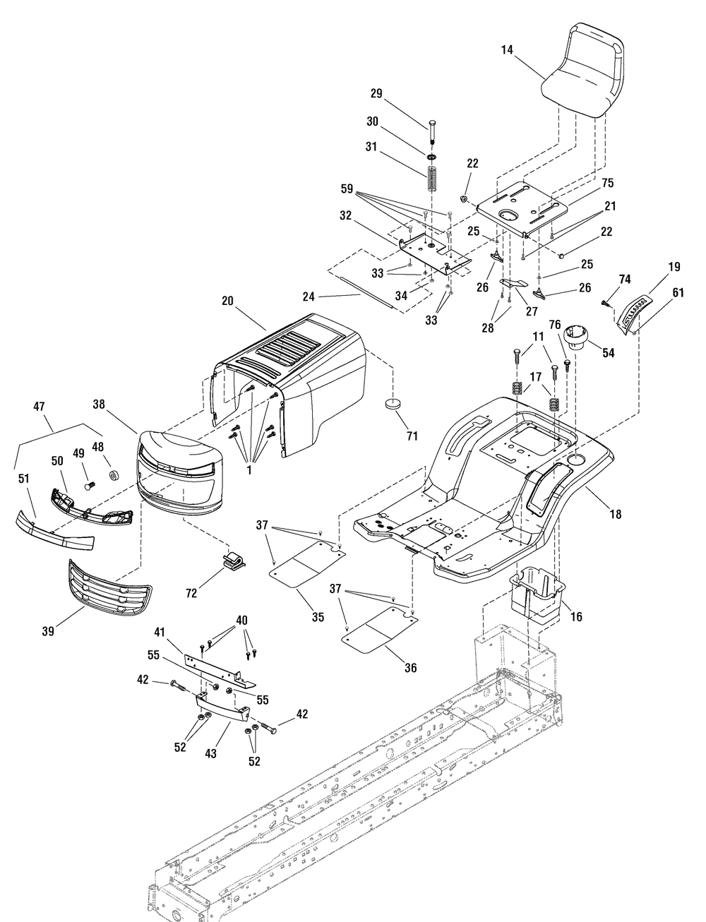 Hood And Seat Group Diagram and Parts List for 7800565-RT125380 2009 Briggs and Stratton Lawn Tractor